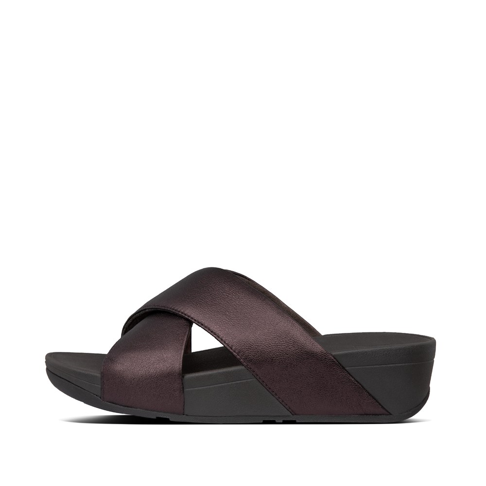 Fitflop Womens Slides - Lulu Metallic Leather Cross - Dark Brown - 918-SNCKTO